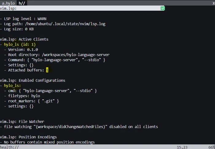 LSP Info showing that hylo_ls is active for 1 buffer.