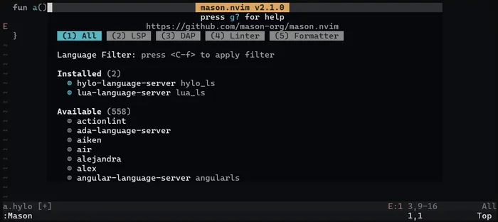 Mason popup showing that hylo-language-server and lua-language-server are installed.