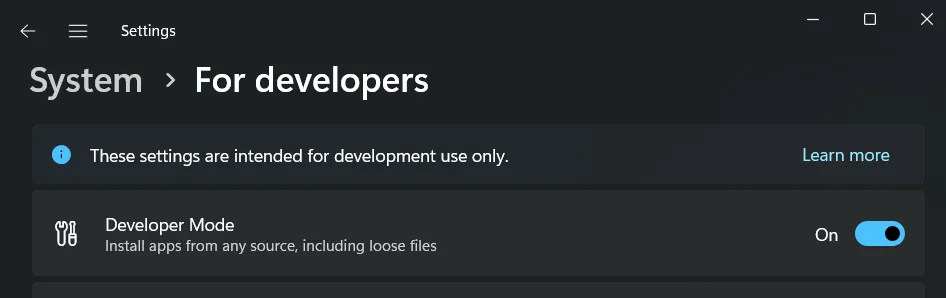Settings > System > For developers > Developer Mode